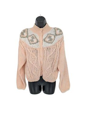 Vintage 90s Chunky Hand Knit Cardigan Button Up Sweater Nordic Cottage Medium